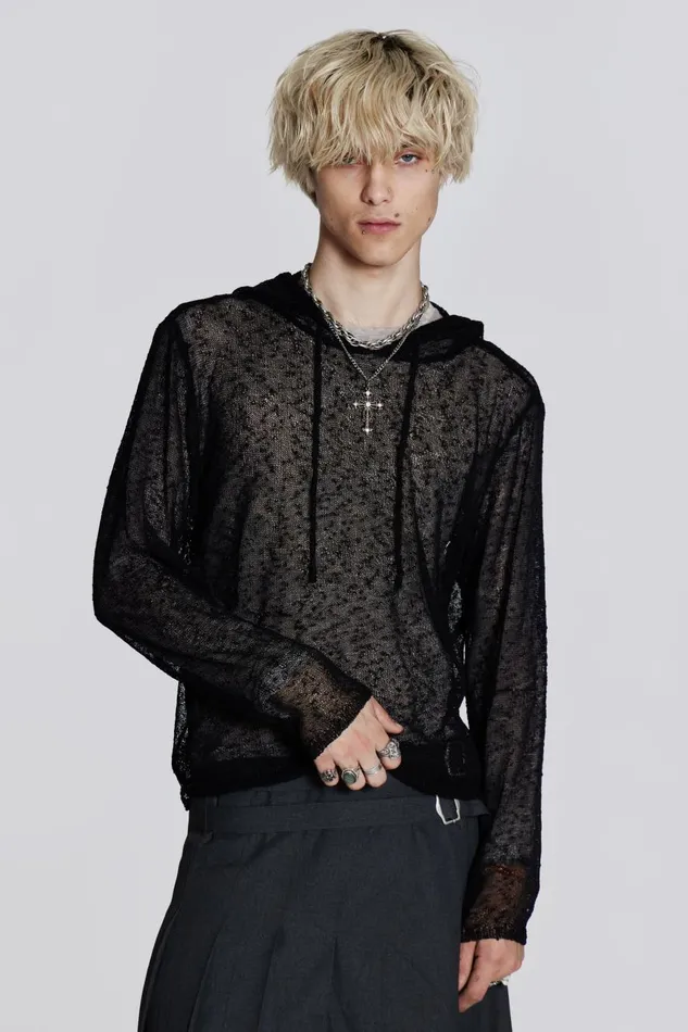 Jaded London Black Fine Knit Hoodie Men Hoodies and Sweatshirts
