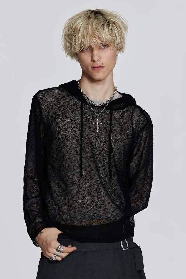 Jaded London Black Fine Knit Hoodie Men Hoodies and Sweatshirts