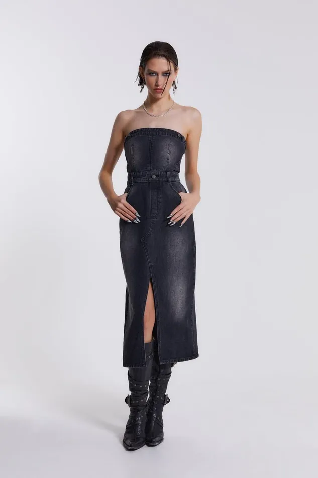 Jaded London Black Liberty 2 In 1 Detachable Denim Wash Midi Dress Women CoOrds Jaded London Black Liberty 2 In 1 Detachable Denim Wash Midi Dress Women CoOrds
