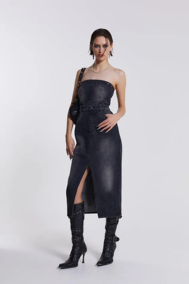 Jaded London Black Liberty 2 In 1 Detachable Denim Wash Midi Dress Women CoOrds