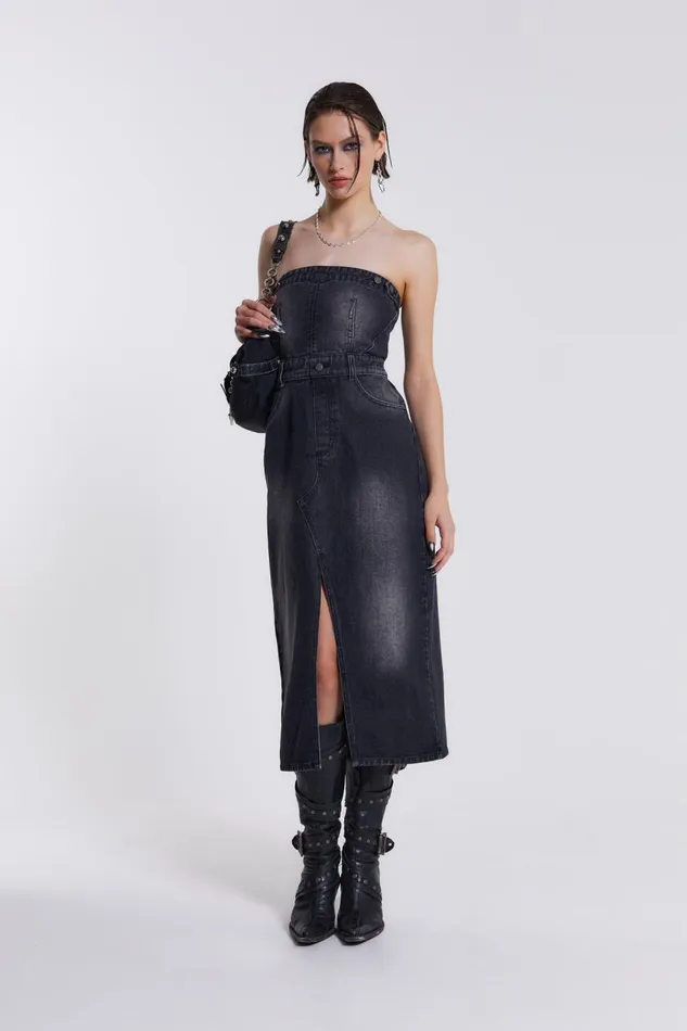Jaded London Black Liberty 2 In 1 Detachable Denim Wash Midi Dress Women CoOrds