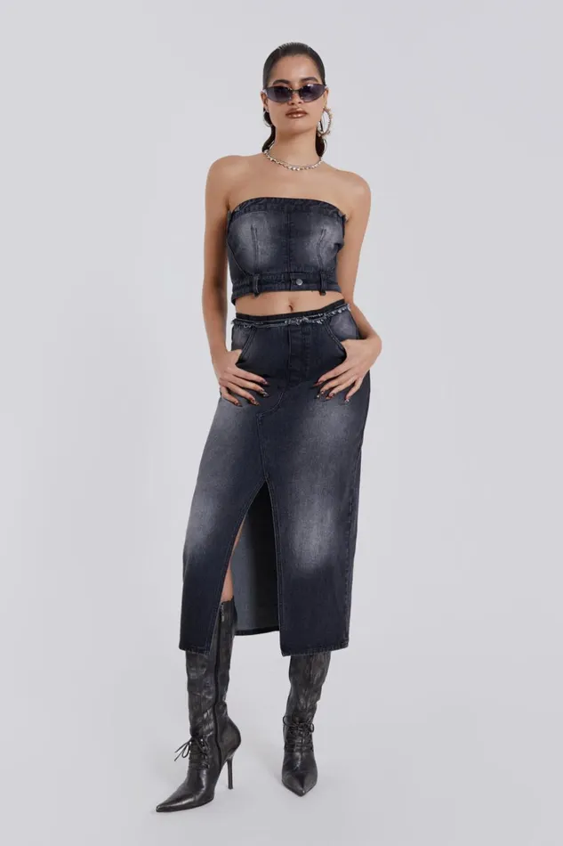 Jaded London Black Liberty 2 In 1 Detachable Denim Wash Midi Dress Women CoOrds