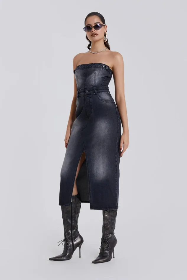 Jaded London Black Liberty 2 In 1 Detachable Denim Wash Midi Dress Women CoOrds