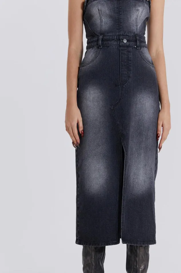 Jaded London Black Liberty 2 In 1 Detachable Denim Wash Midi Dress Women CoOrds