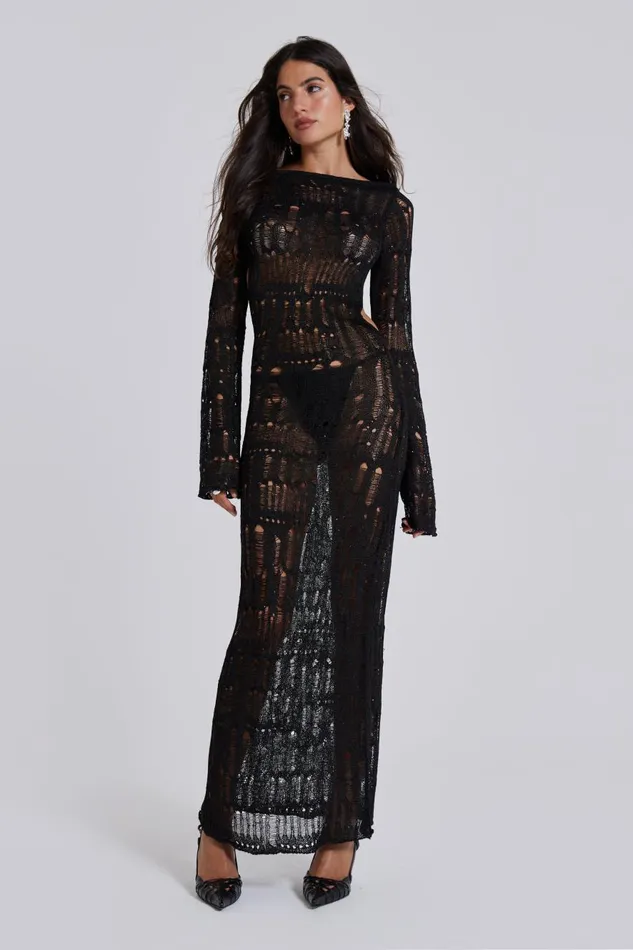 Jaded London Black Metallic Umbra Maxi Dress Women Knitwear