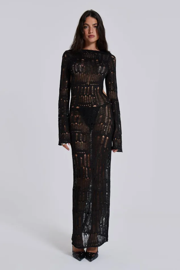 Jaded London Black Metallic Umbra Maxi Dress Women Knitwear