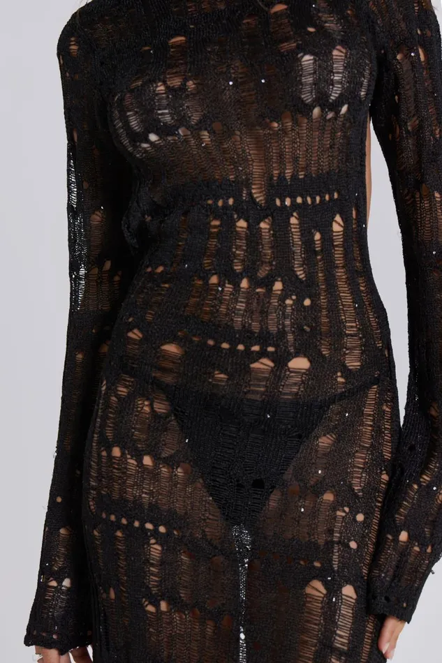 Jaded London Black Metallic Umbra Maxi Dress Women Knitwear