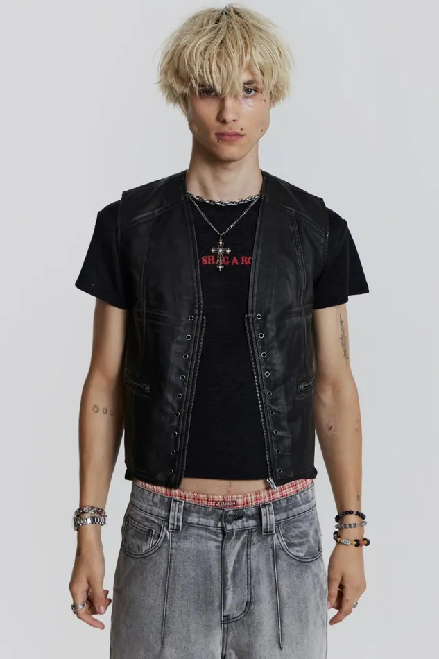 Jaded London Black PU Eyelet Waistcoat Men Outerwear