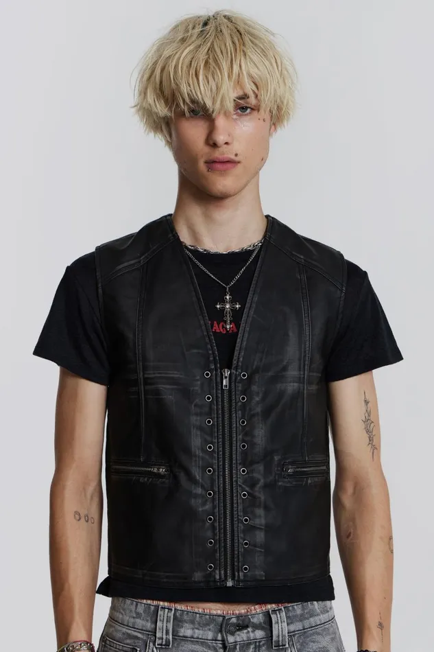 Jaded London Black PU Eyelet Waistcoat Men Outerwear