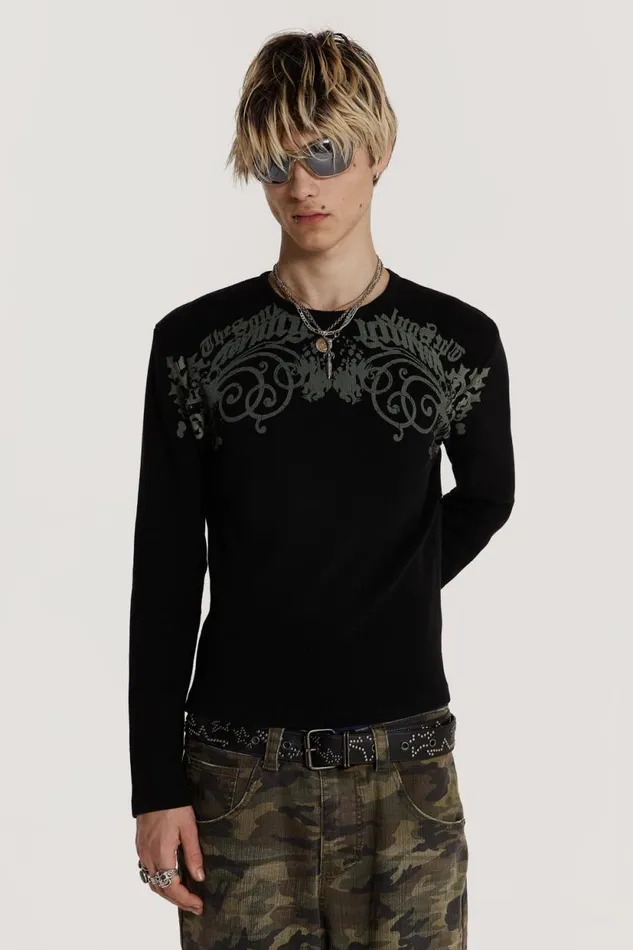 Jaded London Black Screen Print Acid Wash Waffle Top Men Knitwear