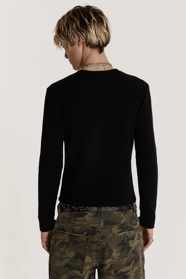 Jaded London Black Screen Print Acid Wash Waffle Top Men Knitwear