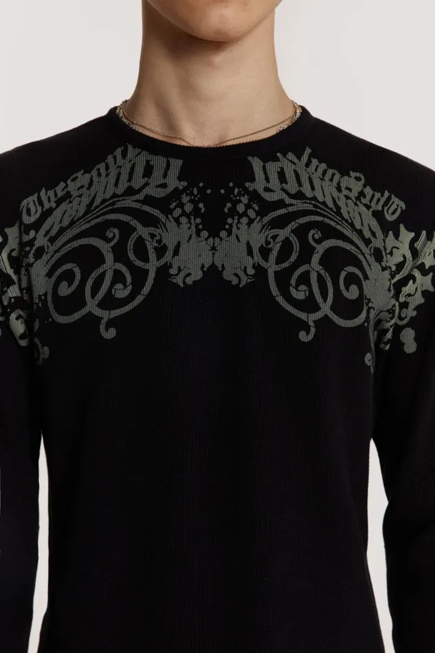 Jaded London Black Screen Print Acid Wash Waffle Top Men Knitwear