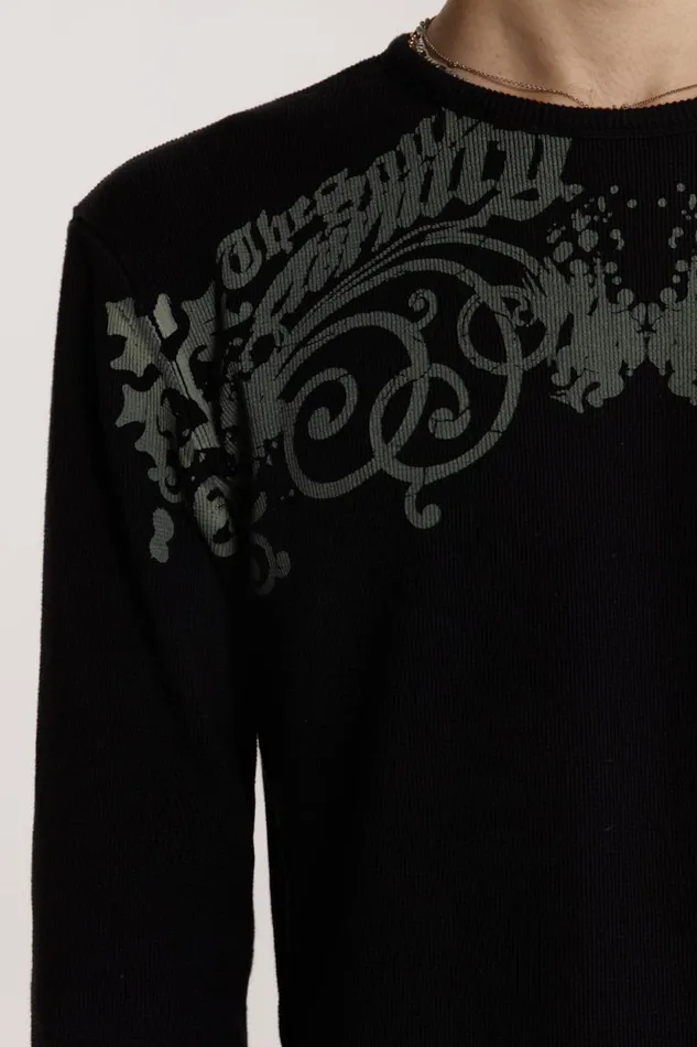 Jaded London Black Screen Print Acid Wash Waffle Top Men Knitwear