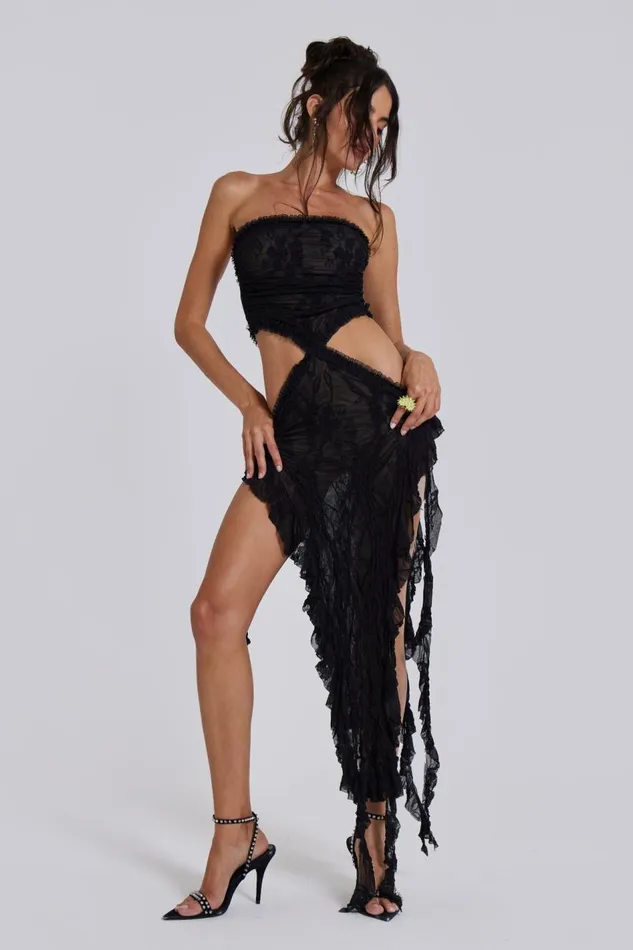 Jaded London Black Scrunch Lace Ruffle Mini Dress Women Midi Dresses