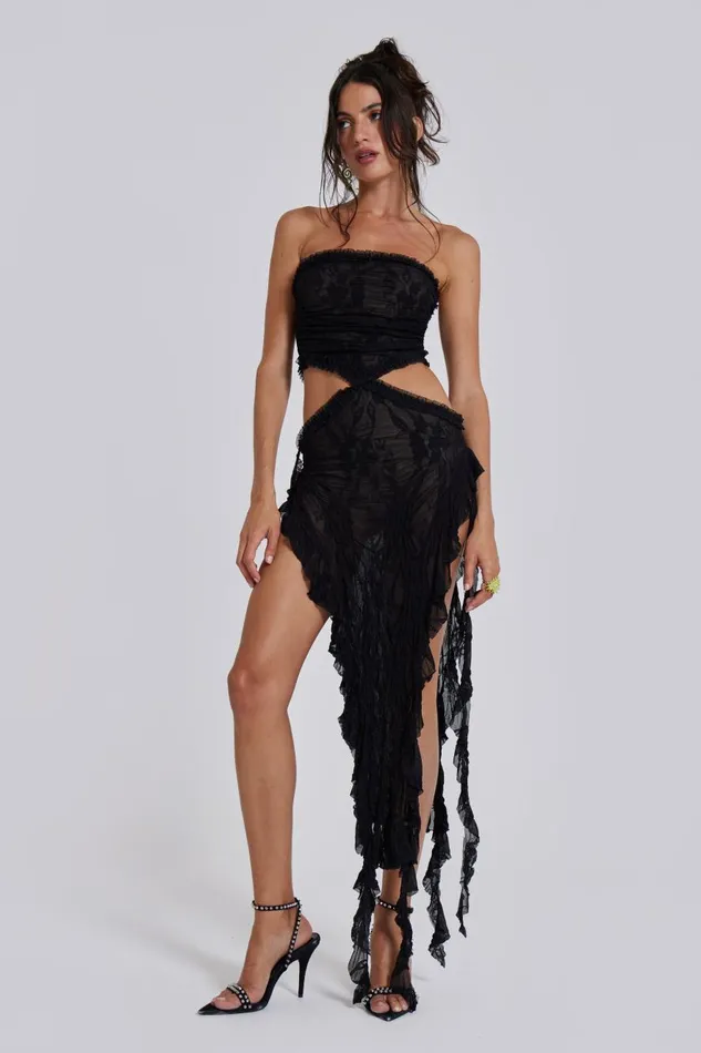 Jaded London Black Scrunch Lace Ruffle Mini Dress Women Midi Dresses