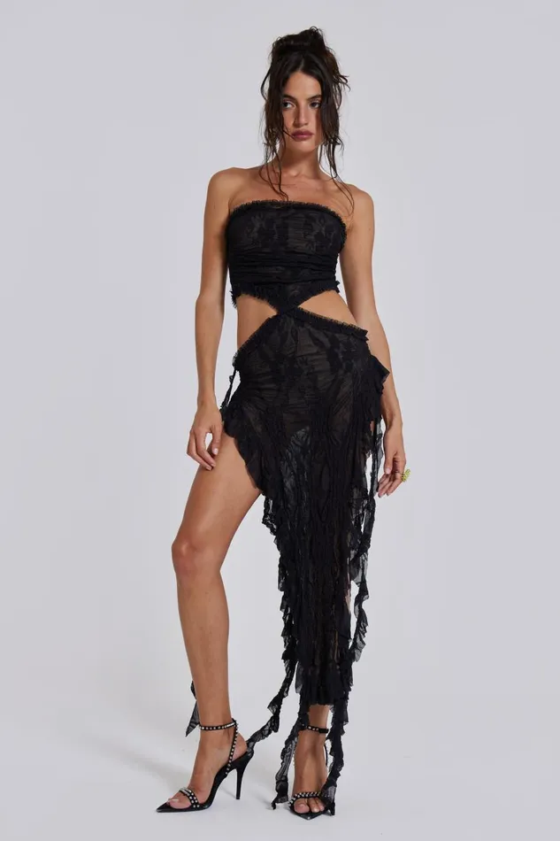 Jaded London Black Scrunch Lace Ruffle Mini Dress Women Midi Dresses
