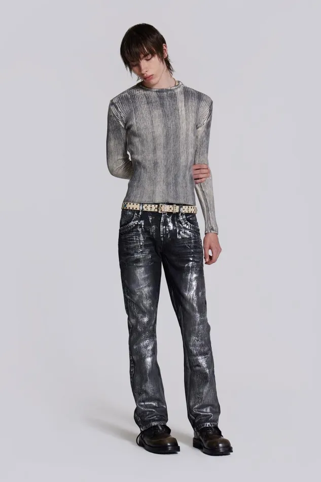 Jaded London Black Silver Coated Slouchy Straight Fit Jeans Men SlimStraight Jeans