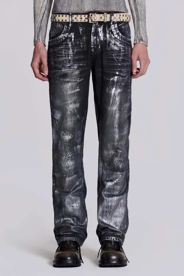 Jaded London Black Silver Coated Slouchy Straight Fit Jeans Men SlimStraight Jeans