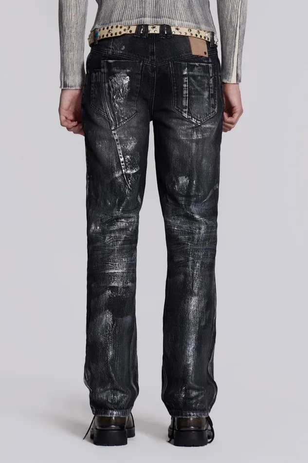 Jaded London Black Silver Coated Slouchy Straight Fit Jeans Men SlimStraight Jeans