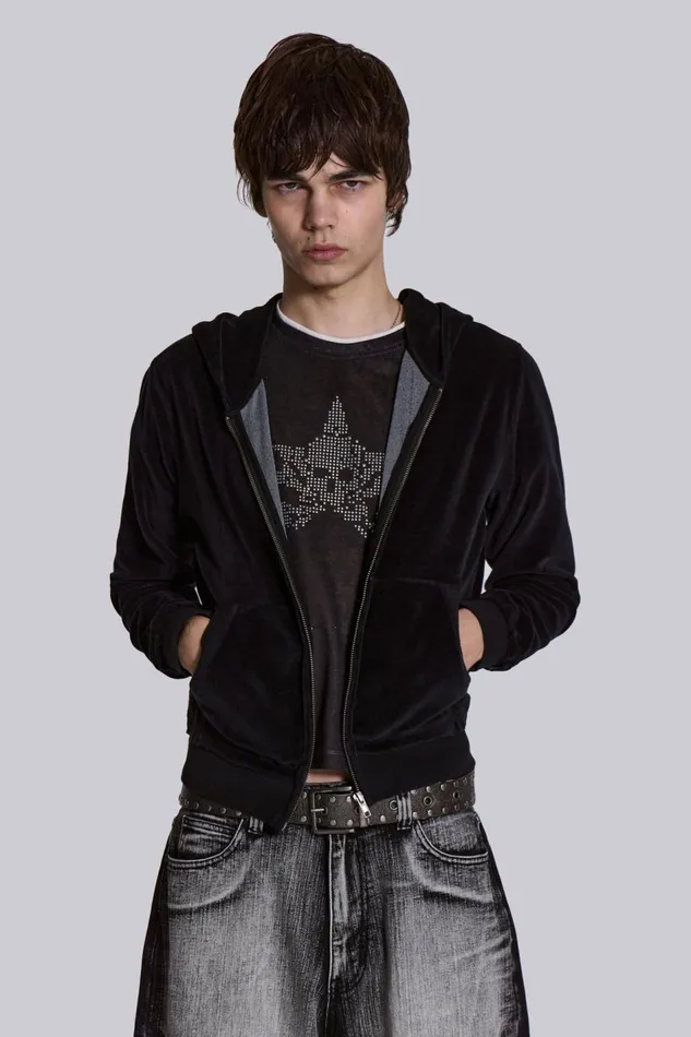 Jaded London Black Velour Mini Monster Hoodie Men Hoodies and Sweatshirts