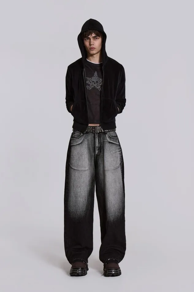 Jaded London Black Velour Mini Monster Hoodie Men Hoodies and Sweatshirts