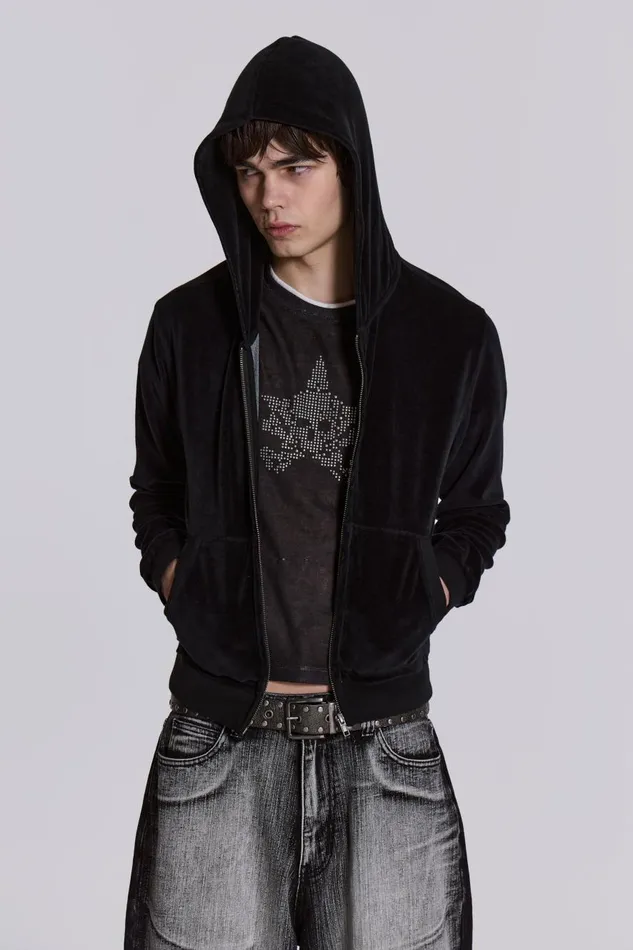 Jaded London Black Velour Mini Monster Hoodie Men Hoodies and Sweatshirts