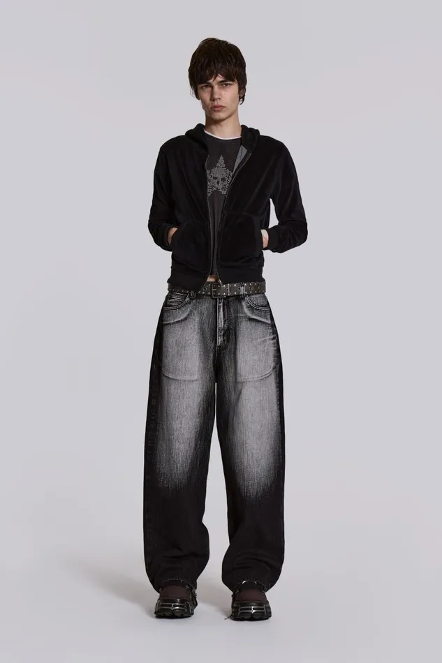 Jaded London Black Velour Mini Monster Hoodie Men Hoodies and Sweatshirts