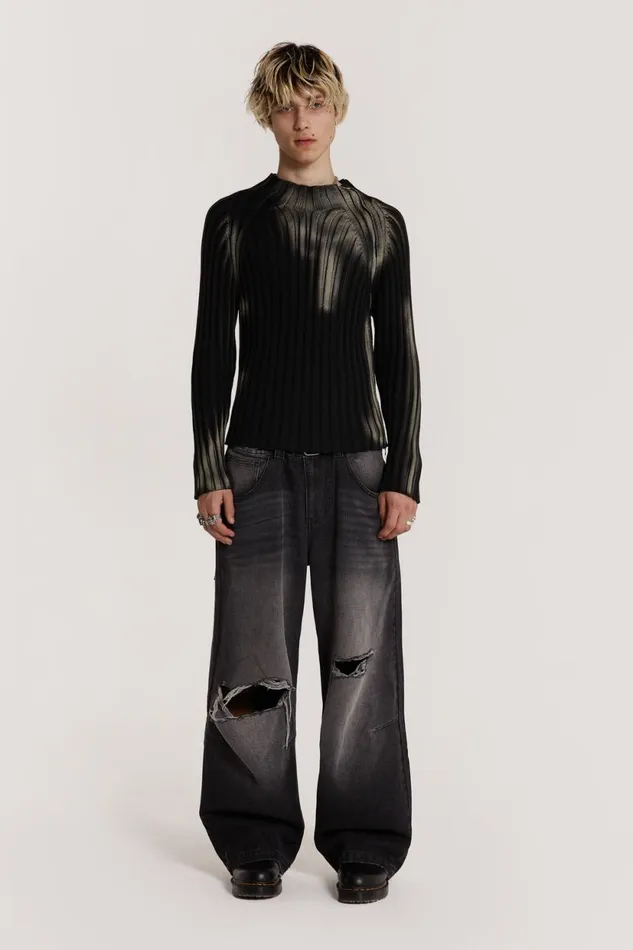 Jaded London Bleached Asymmetric Acid Wash Ribbed Knit Men Knitwear