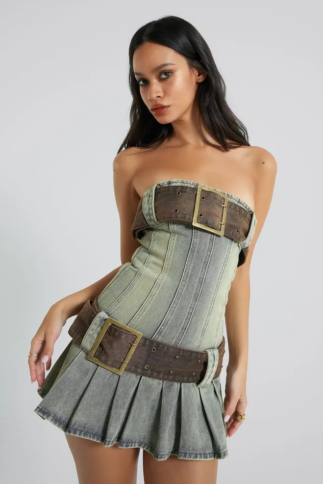 Jaded London Blue Belted Corset Mini Denim Kilt Dress Women Mini Dresses