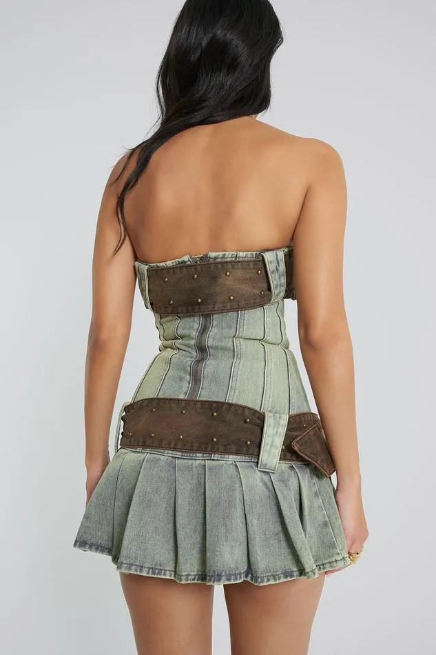 Jaded London Blue Belted Corset Mini Denim Kilt Dress Women Mini Dresses