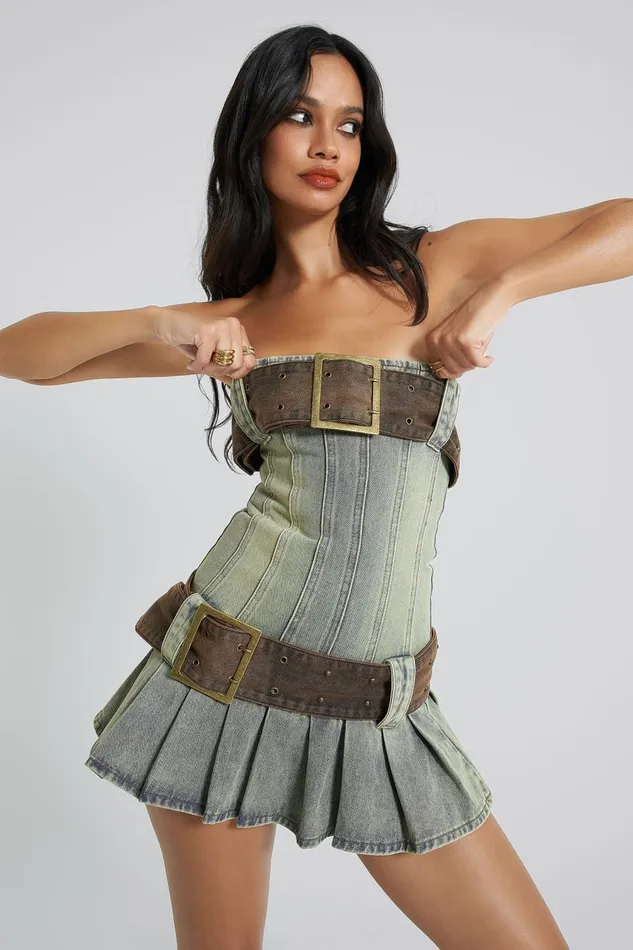 Jaded London Blue Belted Corset Mini Denim Kilt Dress Women Mini Dresses