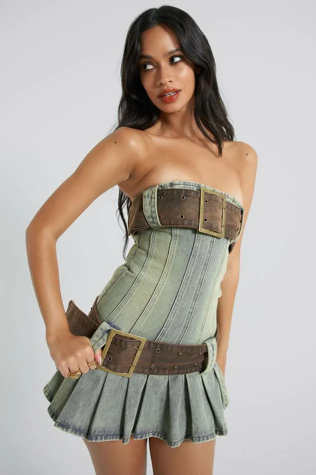 Jaded London Blue Belted Corset Mini Denim Kilt Dress Women Mini Dresses