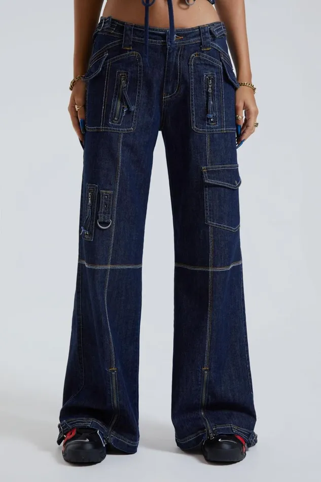 Jaded London Blue Denim Cargo Trousers Women Jeans