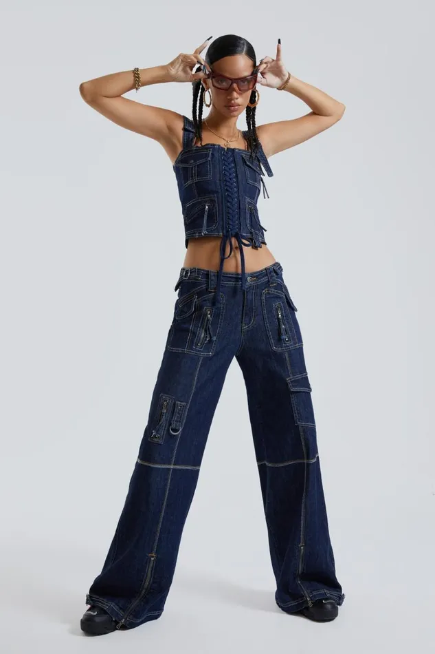 Jaded London Blue Denim Cargo Trousers Women Jeans