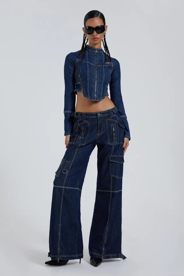 Jaded London Blue Denim Cargo Trousers Women Jeans