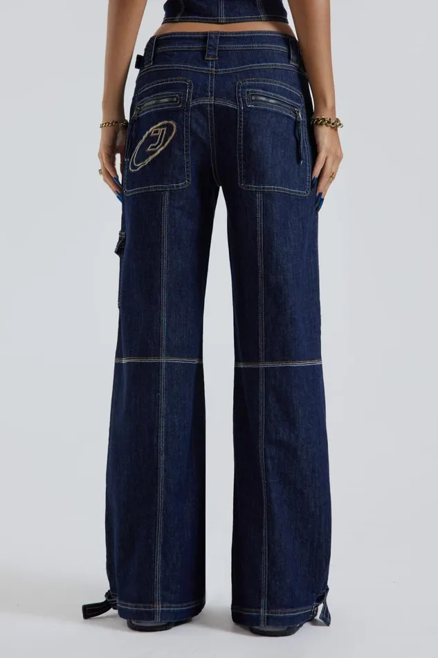 Jaded London Blue Denim Cargo Trousers Women Jeans