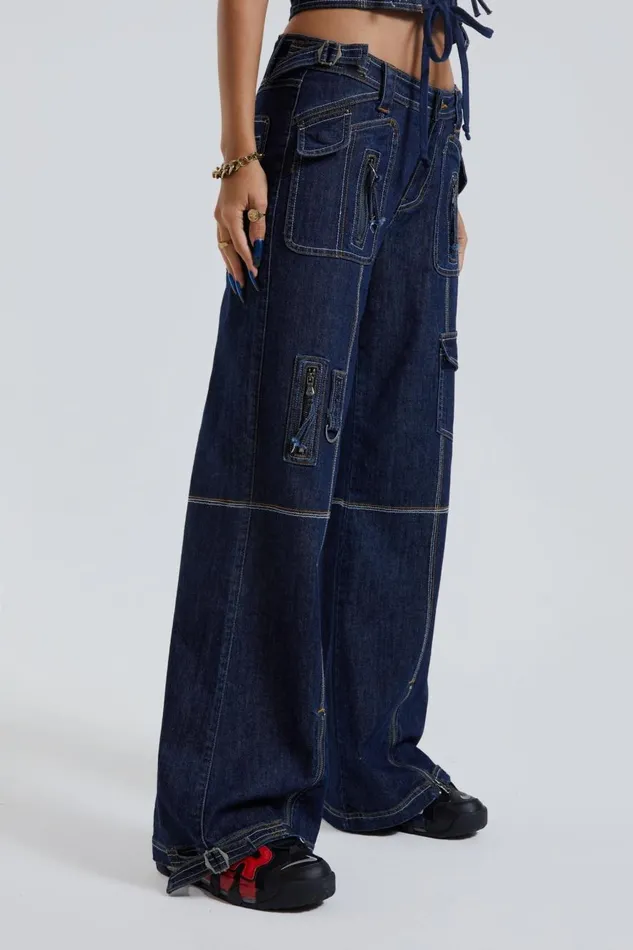 Jaded London Blue Denim Cargo Trousers Women Jeans