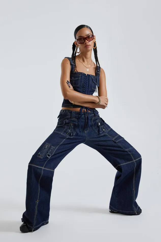 Jaded London Blue Denim Cargo Trousers Women Jeans