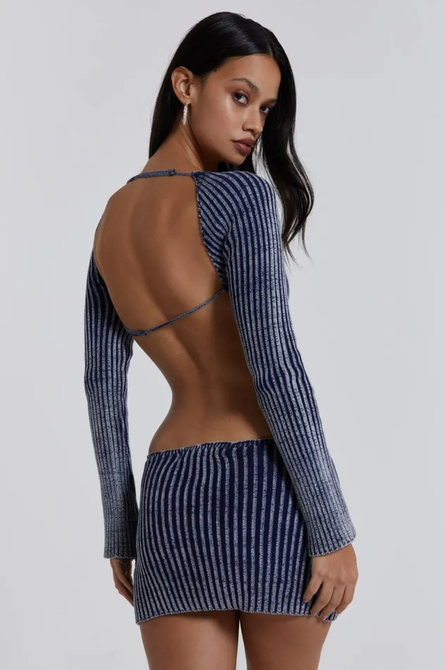 Jaded London Blue Metallic Knitted Backless Mini Dress With Front Keyhole Detail Women Knitwear