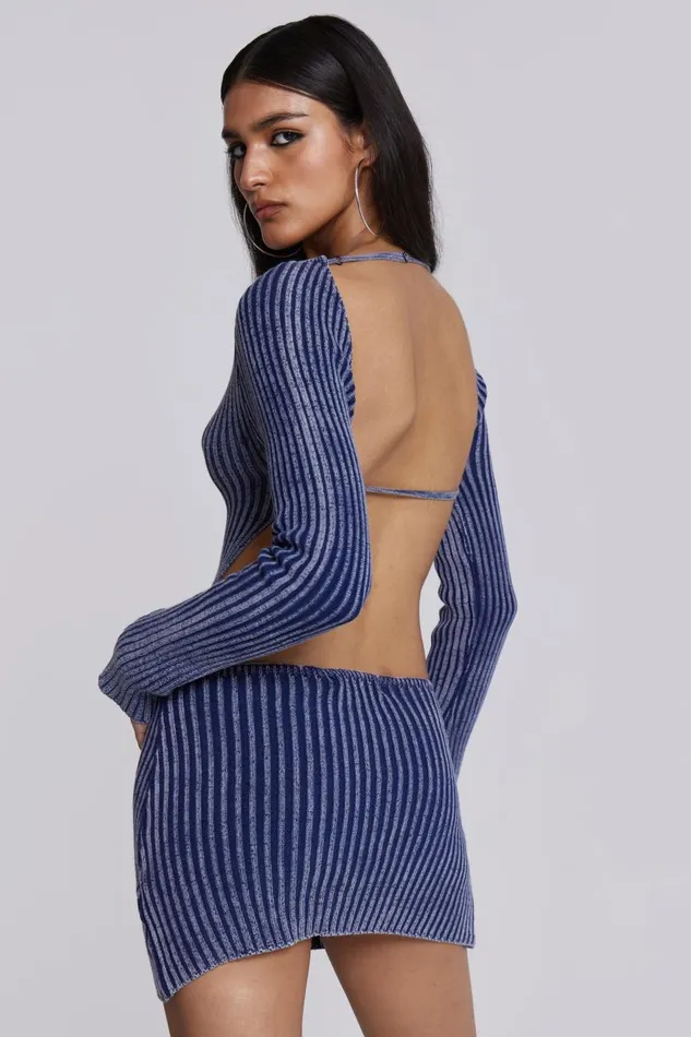 Jaded London Blue Metallic Knitted Backless Mini Dress With Front Keyhole Detail Women Knitwear