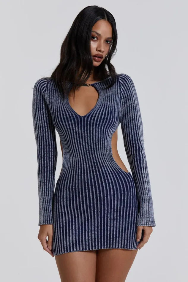 Jaded London Blue Metallic Knitted Backless Mini Dress With Front Keyhole Detail Women Knitwear