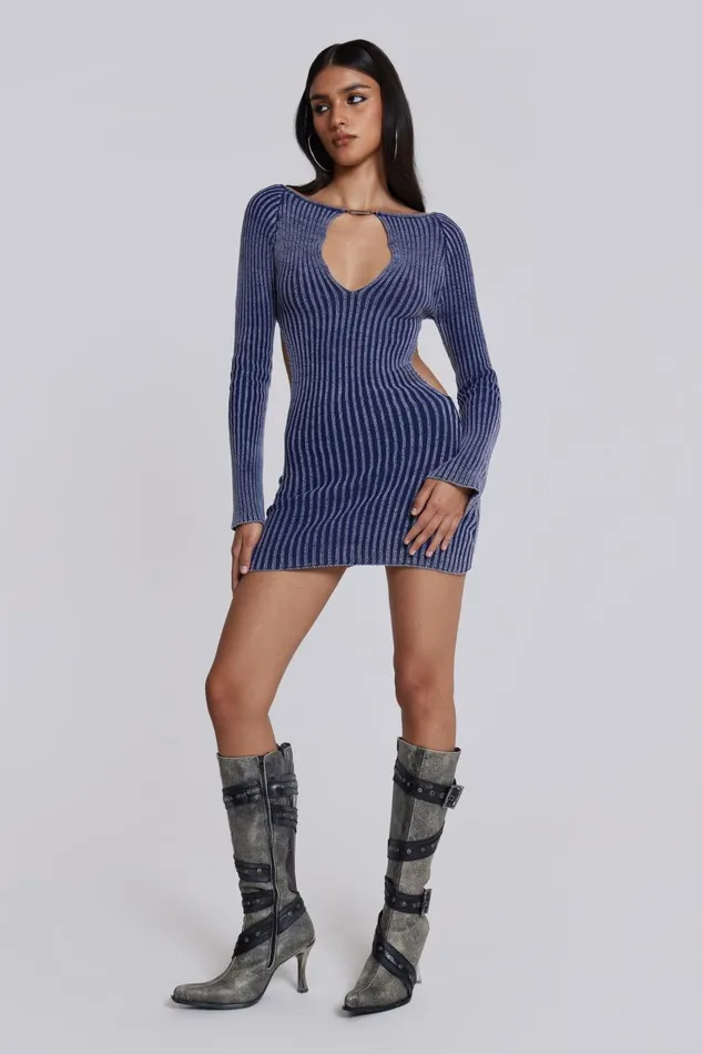 Jaded London Blue Metallic Knitted Backless Mini Dress With Front Keyhole Detail Women Knitwear