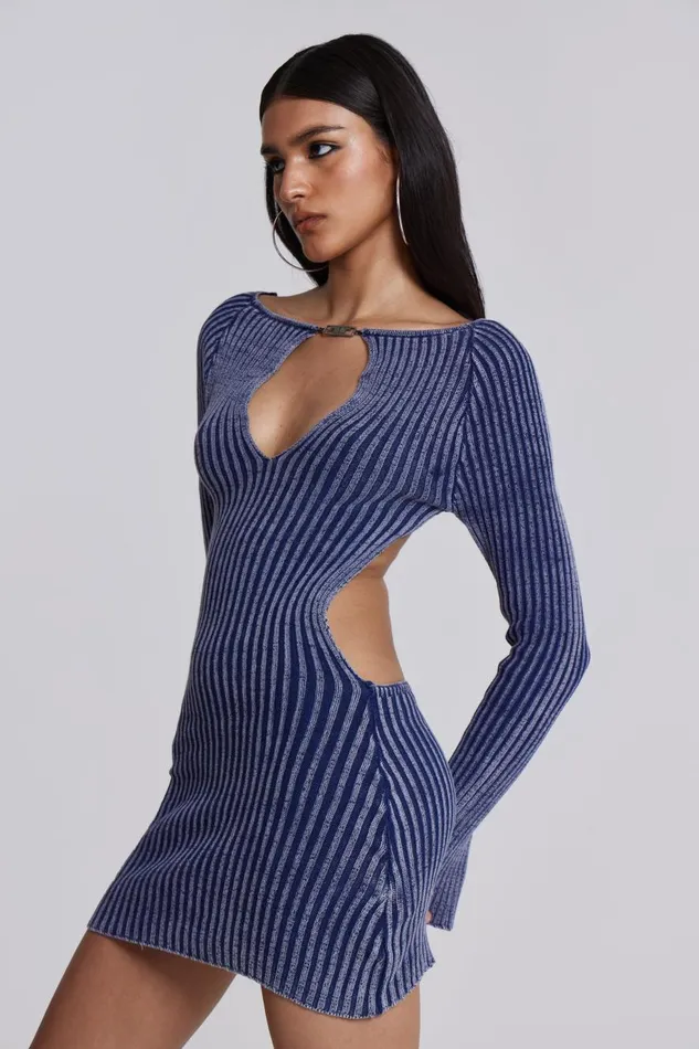 Jaded London Blue Metallic Knitted Backless Mini Dress With Front Keyhole Detail Women Knitwear