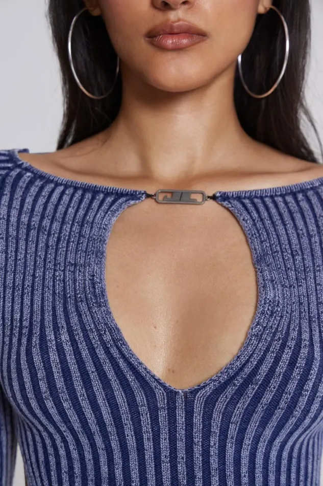 Jaded London Blue Metallic Knitted Backless Mini Dress With Front Keyhole Detail Women Knitwear