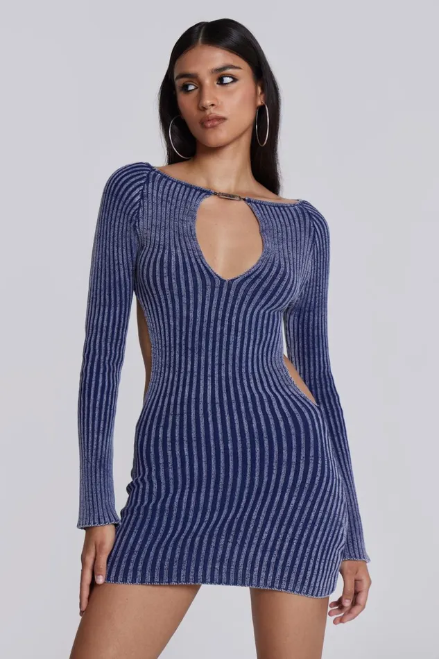 Jaded London Blue Metallic Knitted Backless Mini Dress With Front Keyhole Detail Women Knitwear