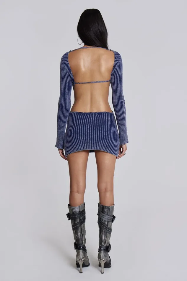 Jaded London Blue Metallic Knitted Backless Mini Dress With Front Keyhole Detail Women Knitwear