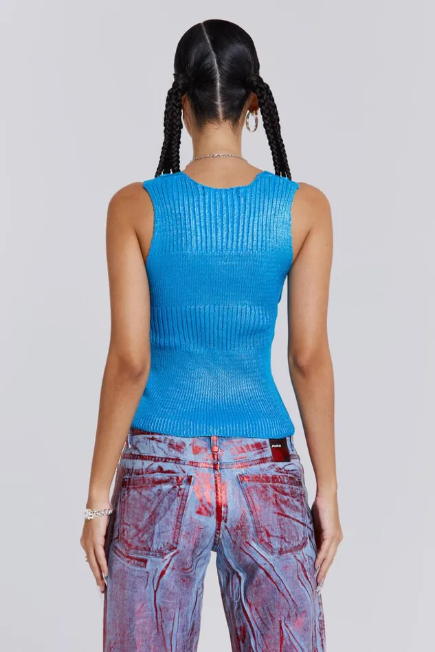 Jaded London Blue Metallic Knitted Sliced Top Women Knitwear