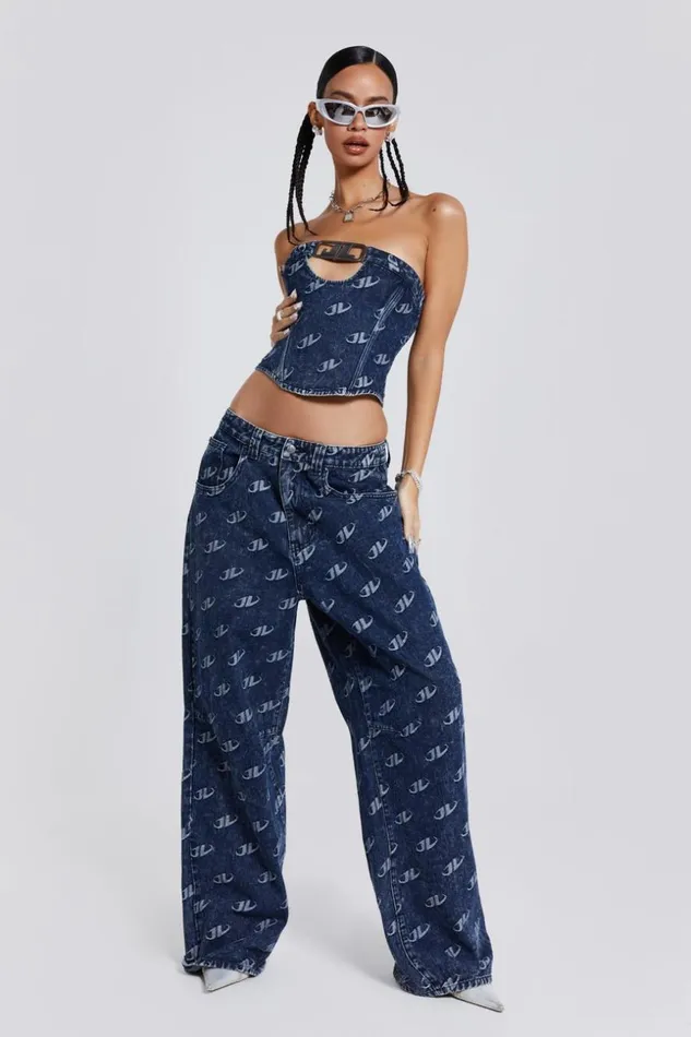 Jaded London Blue Monogram Embossed Logo Baggy Jeans Women CoOrds