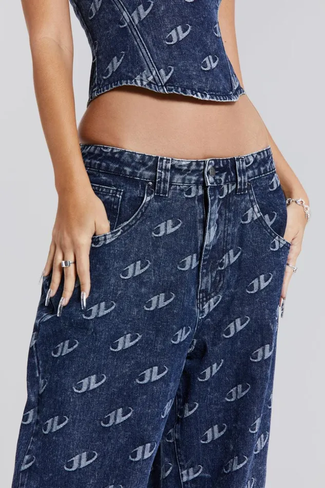 Jaded London Blue Monogram Embossed Logo Baggy Jeans Women CoOrds