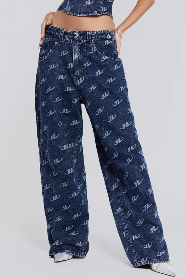 Jaded London Blue Monogram Embossed Logo Baggy Jeans Women CoOrds